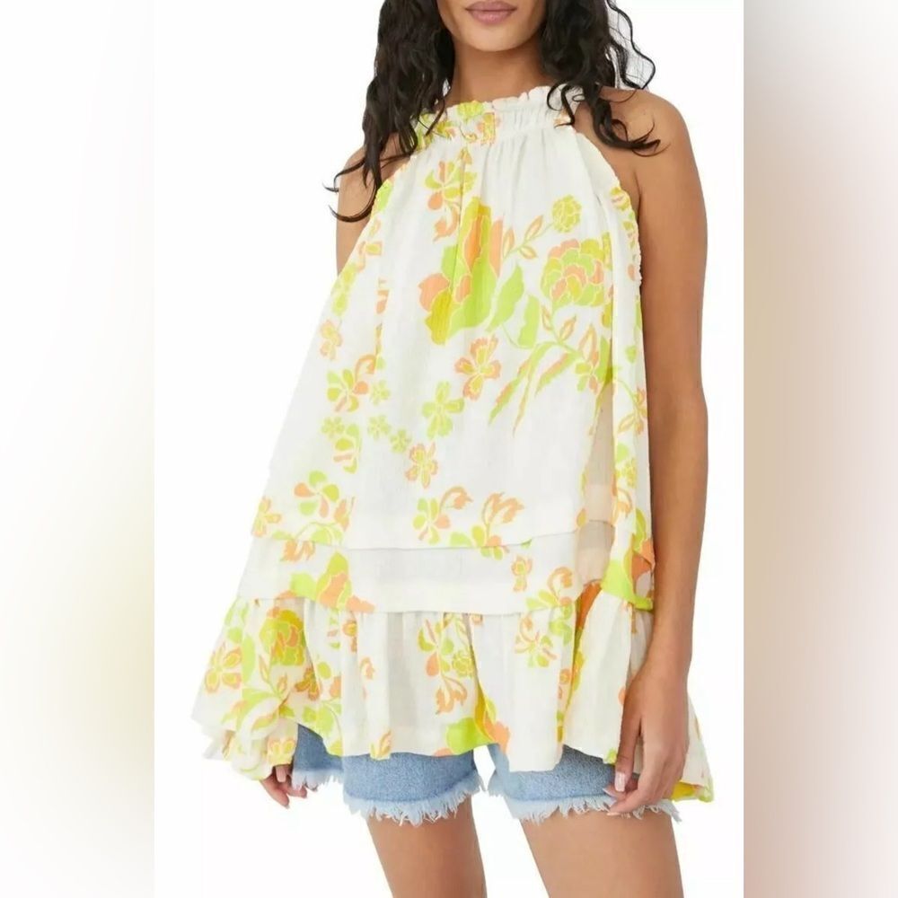 Free People Fleur Printed Tunic Retro M yellow, orange, green‎ & white